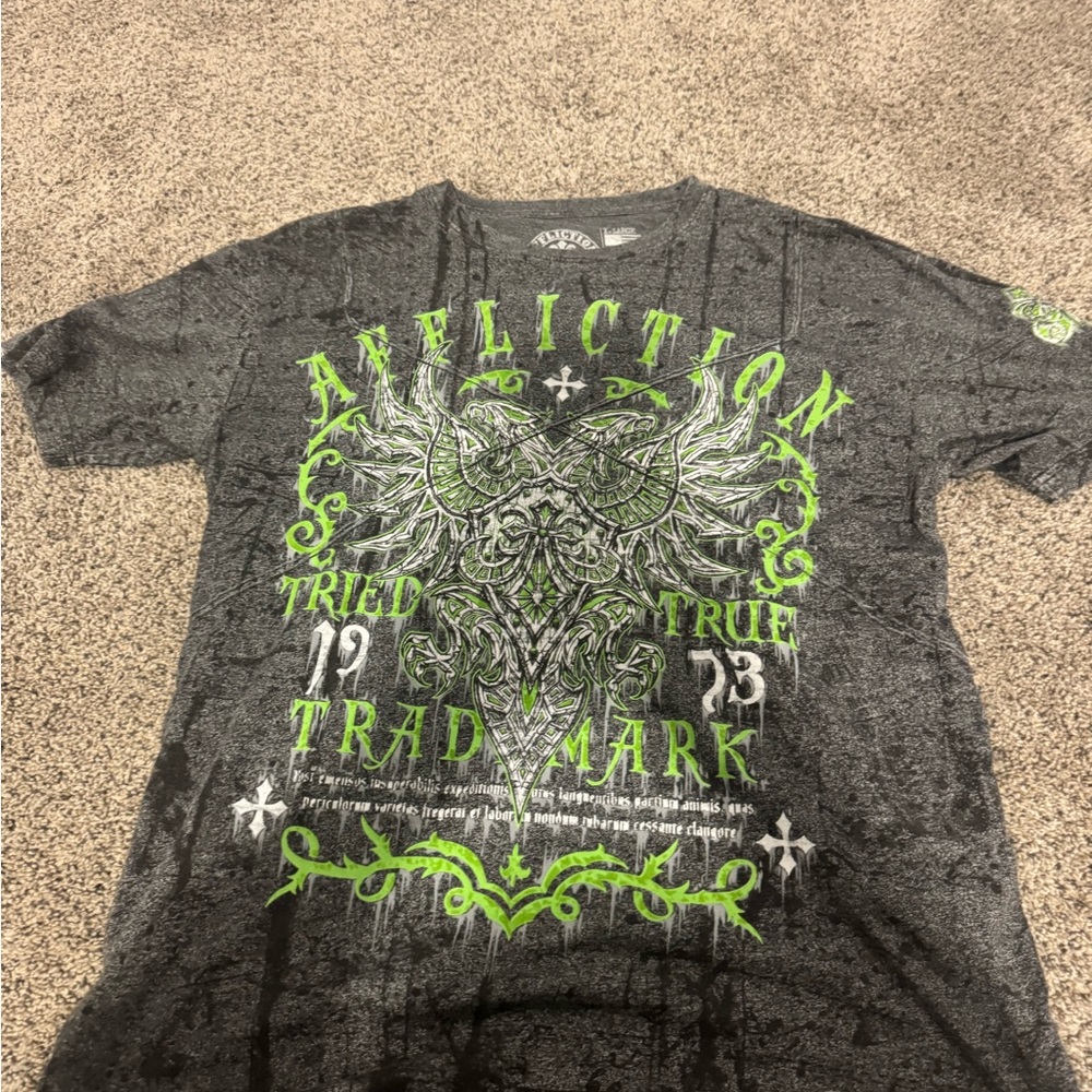Affliction Charcoal and Neon Green Graphic Tee